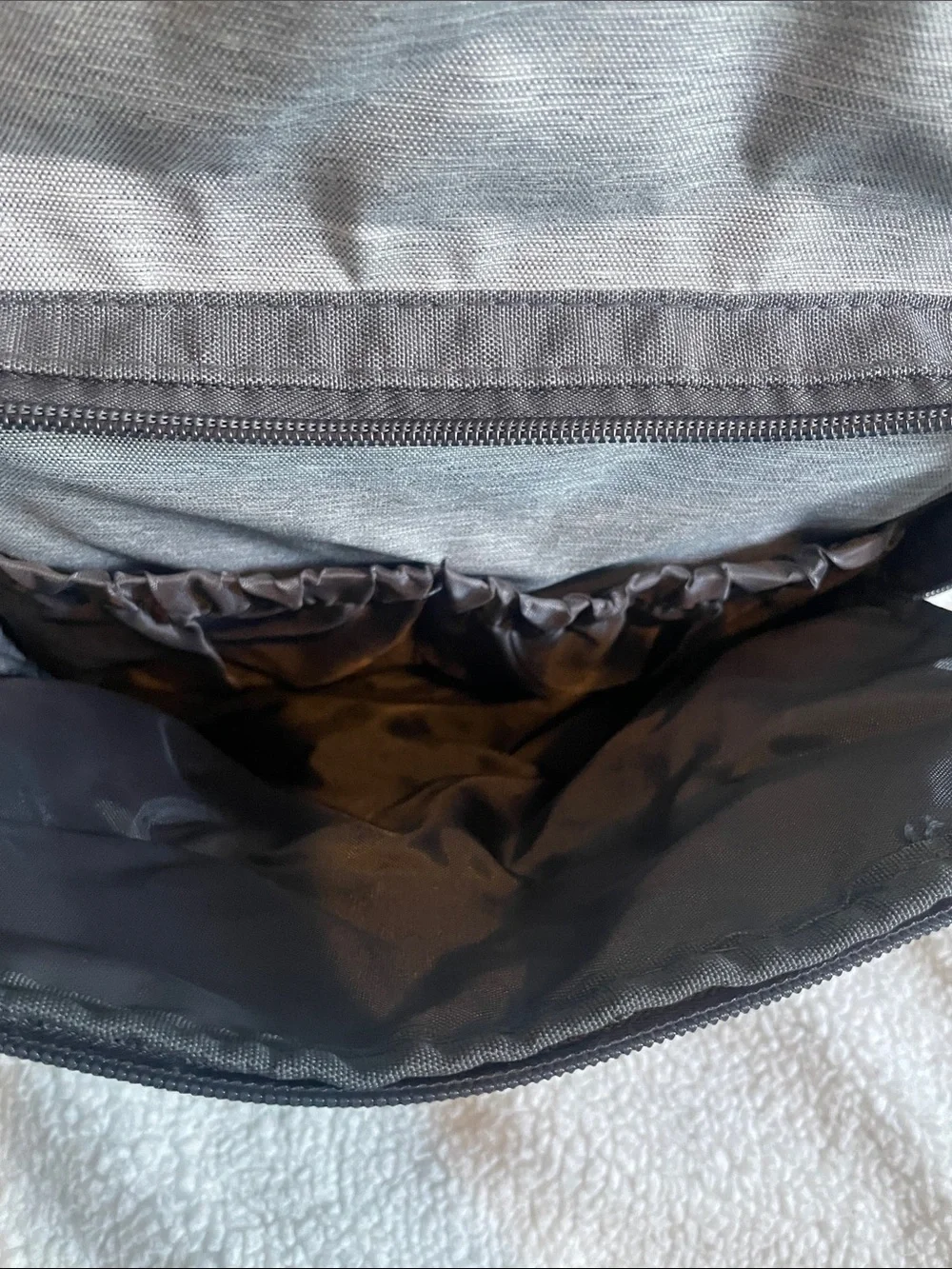 Eddie Bauer Two-Tone Gray and Light Gray Canvas diaper bag with Tan Accents